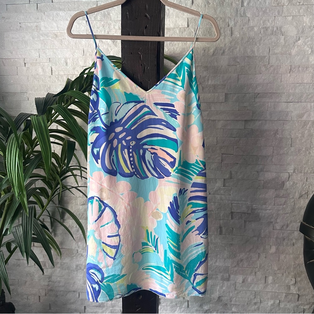 Lilly Pulitzer Palm Exotic Garden Print “Lela” Silk V Neck Slip Dress Size M